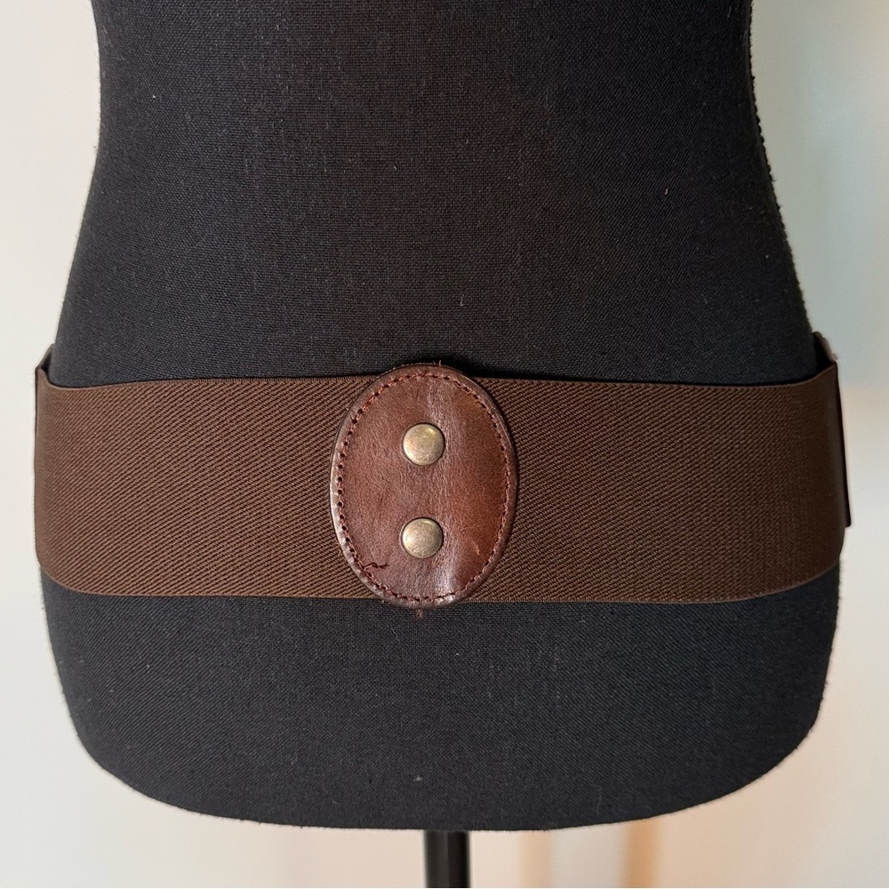YIK FUNG Brown Leather Bow Front Elastic Snap Belt Wide Braided Vintage Y2K - Picture 6 of 11